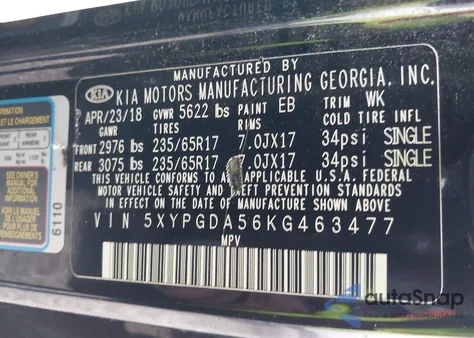 2019 Kia Sorento 3.3L Lx из США, поврежденный, VIN 5XYPGDA56KG463477